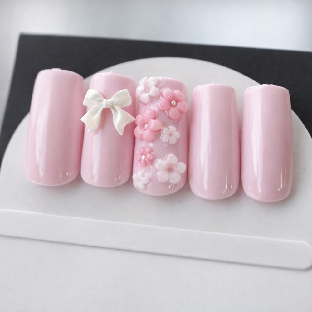 Pastel Pink 3D Floral & Bow Press-On Nails